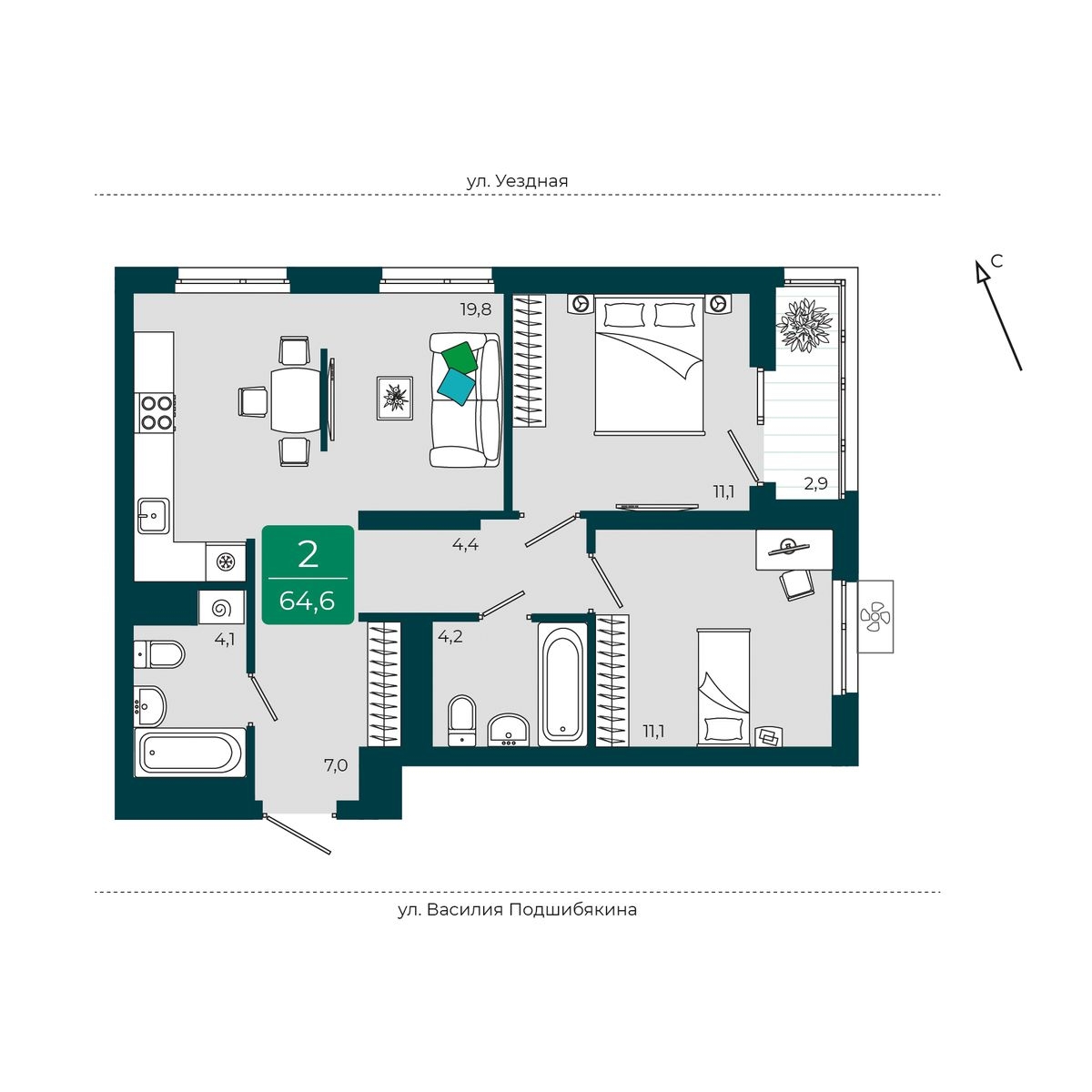 Планировка: Евротрешка 64.6 м² в ЖК Уездные кварталы, Тюменская слобода