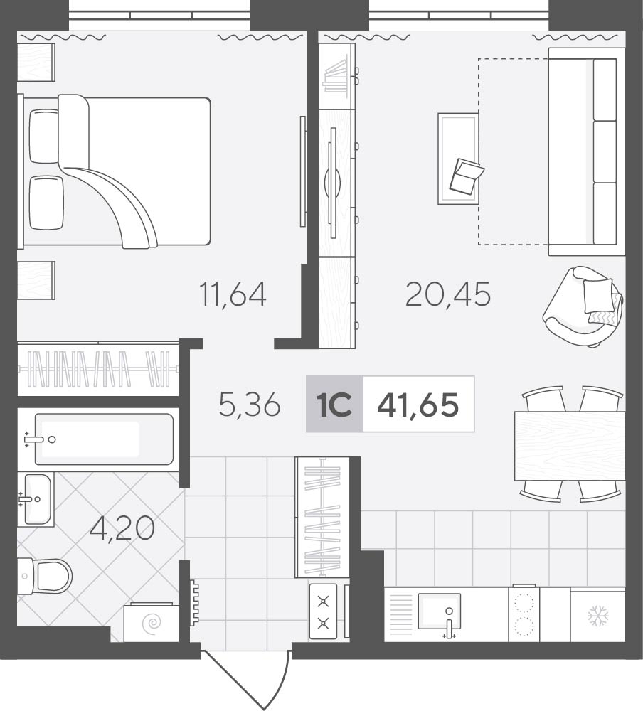 Планировка: Евродвушка 41.6 м² в ЖК Скандиа. Квартал у озера, Лесобаза