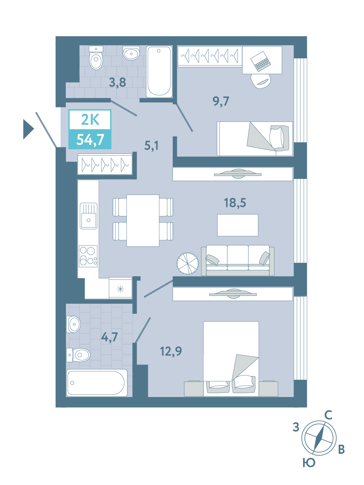 Планировка: Евротрешка 54.7 м² в ЖК AIRIS, Комарово Парк