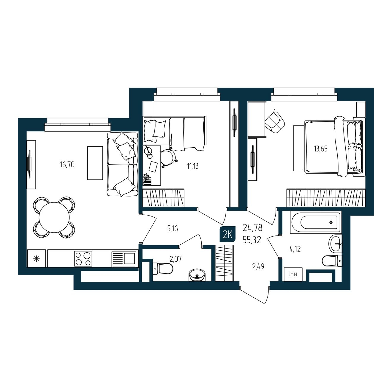 Планировка: Евротрешка 55.3 м² в ЖК Квартал мятный, Мыс