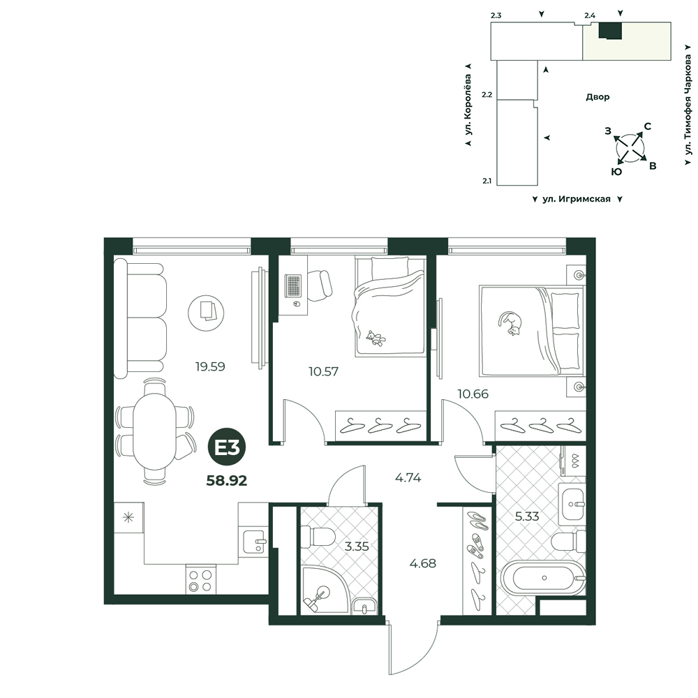 Планировка: Евротрешка 58.9 м² в ЖК Игрим, От Тарманов до Тобольского тракта