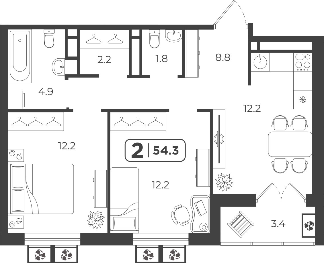 Планировка: 2-комнатная 54.4 м² в ЖК Симфония, Центр: Студгородок