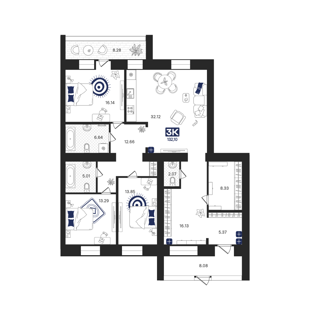 Планировка: 4-комнатная евро 132.1 м² в ЖК Ария, 5-й Заречный