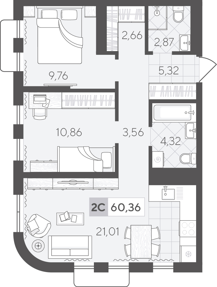 Планировка: Евротрешка 60.4 м² в ЖК Скандиа. Квартал в Комарово Парк, Комарово Парк