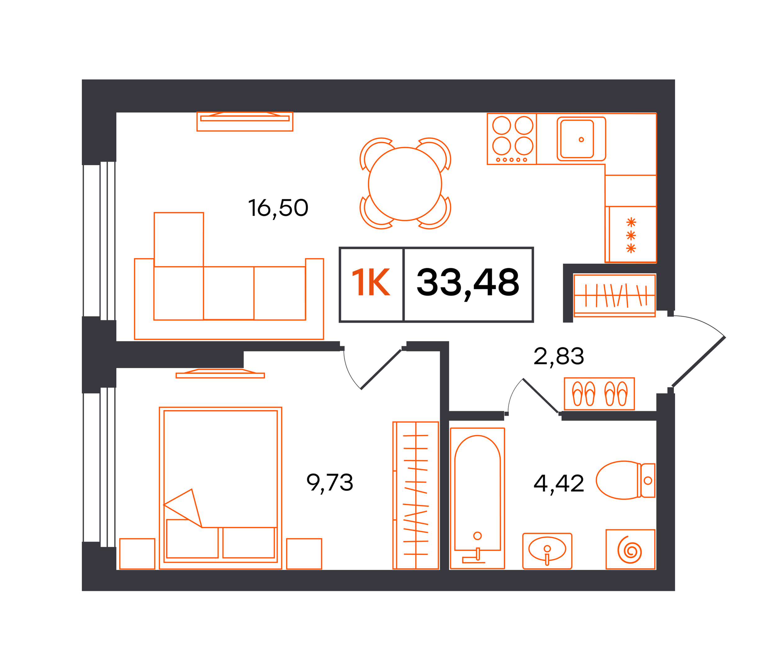 Планировка: Евродвушка 33.5 м² в ЖК Фатера, Дом Обороны