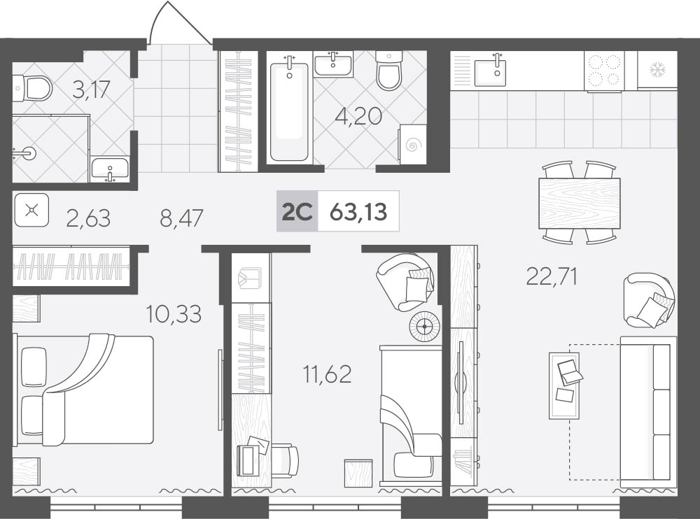 Планировка: Евротрешка 63.1 м² в ЖК Скандиа. Квартал у озера, Лесобаза