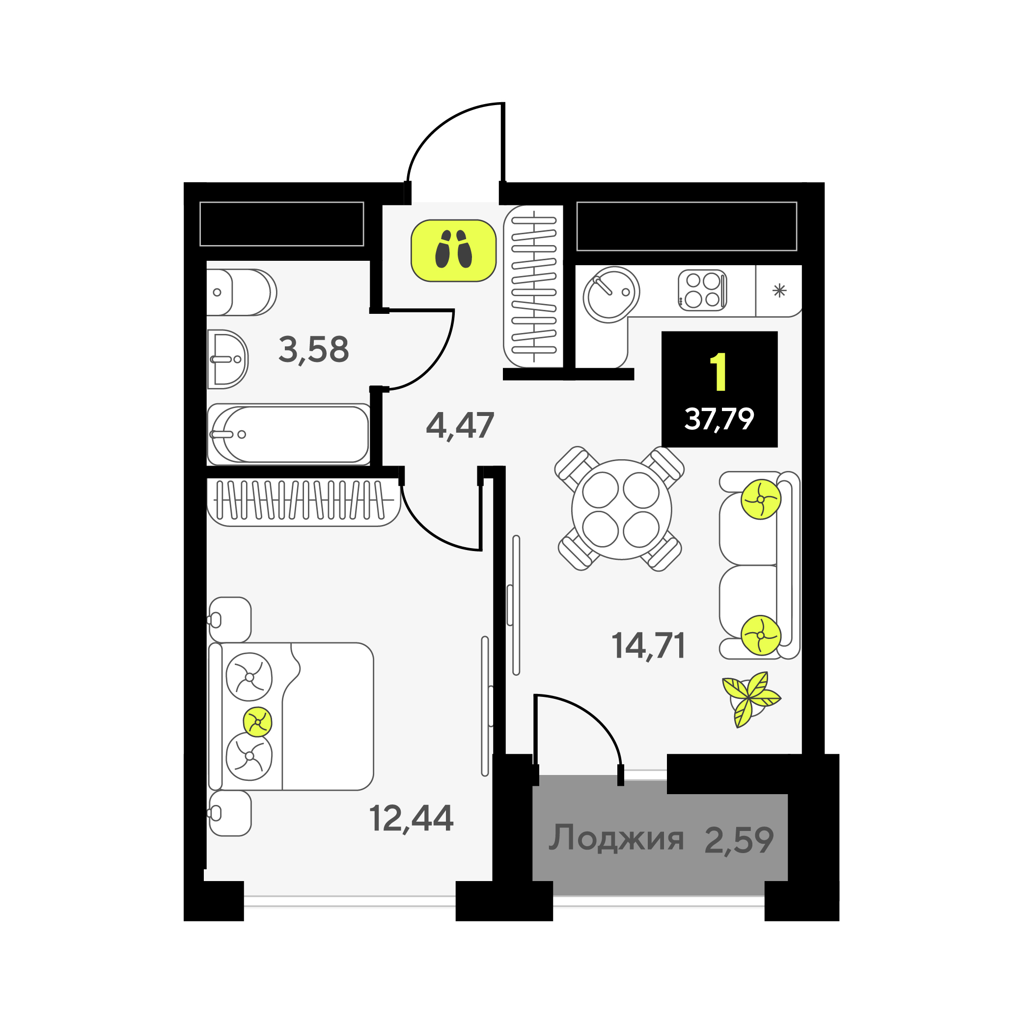 Планировка: Евродвушка 37.8 м² в ЖК Мотивы, От Плеханова до Южного