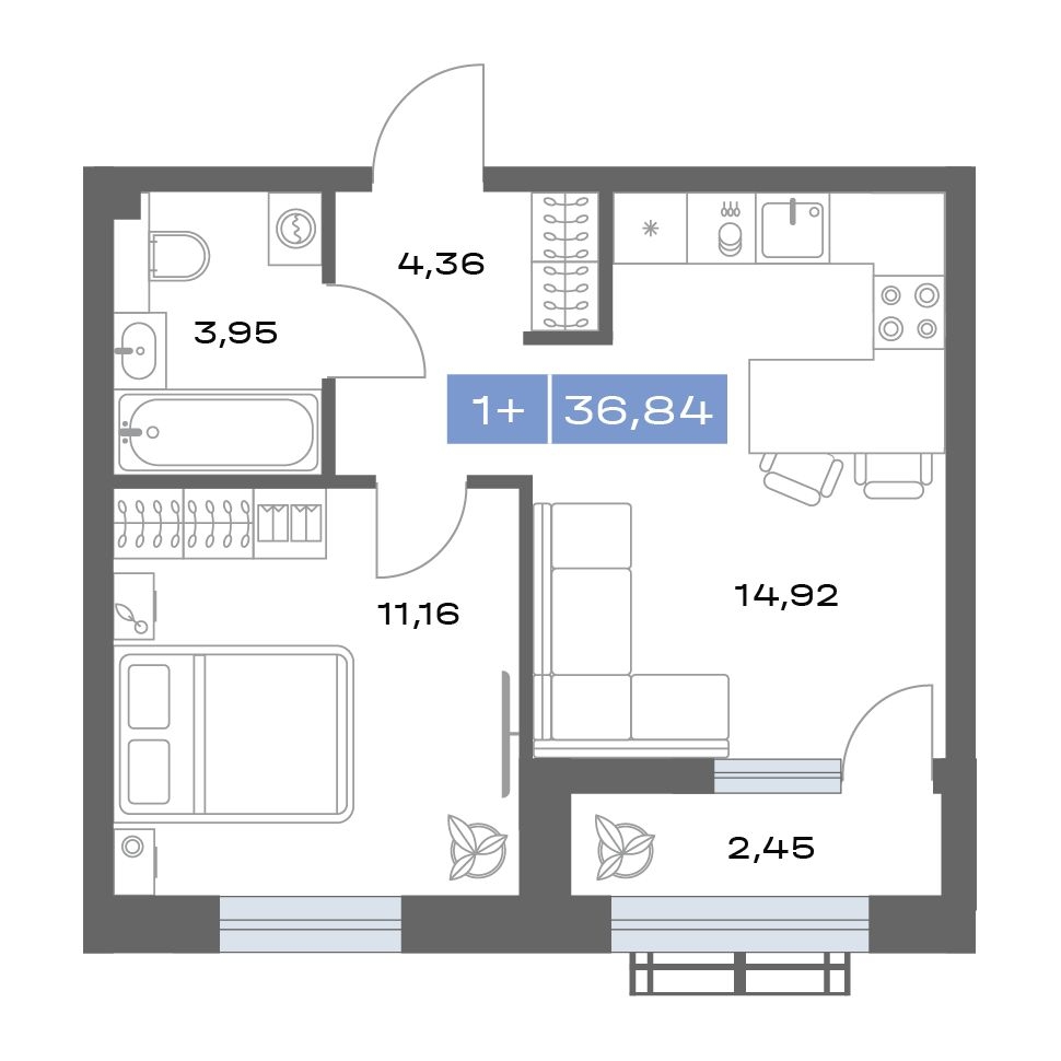 Планировка: Евродвушка 36.8 м² в ЖК Дом на ММС, ММС
