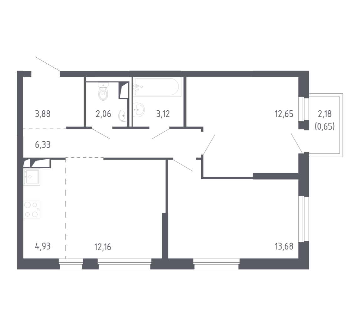 Планировка: Евротрешка 58.1 м² в ЖК Чаркова 72, Мыс