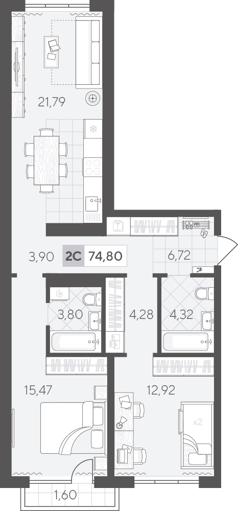 Планировка: Евротрешка 74.8 м² в ЖК Скандиа. Квартал в Комарово Парк, Комарово Парк