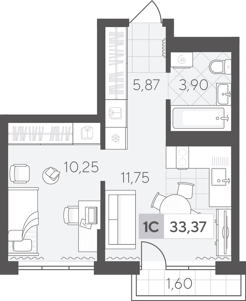Планировка: 1-комнатная 33.4 м² в ЖК Скандиа. Квартал в Комарово Парк, Комарово Парк