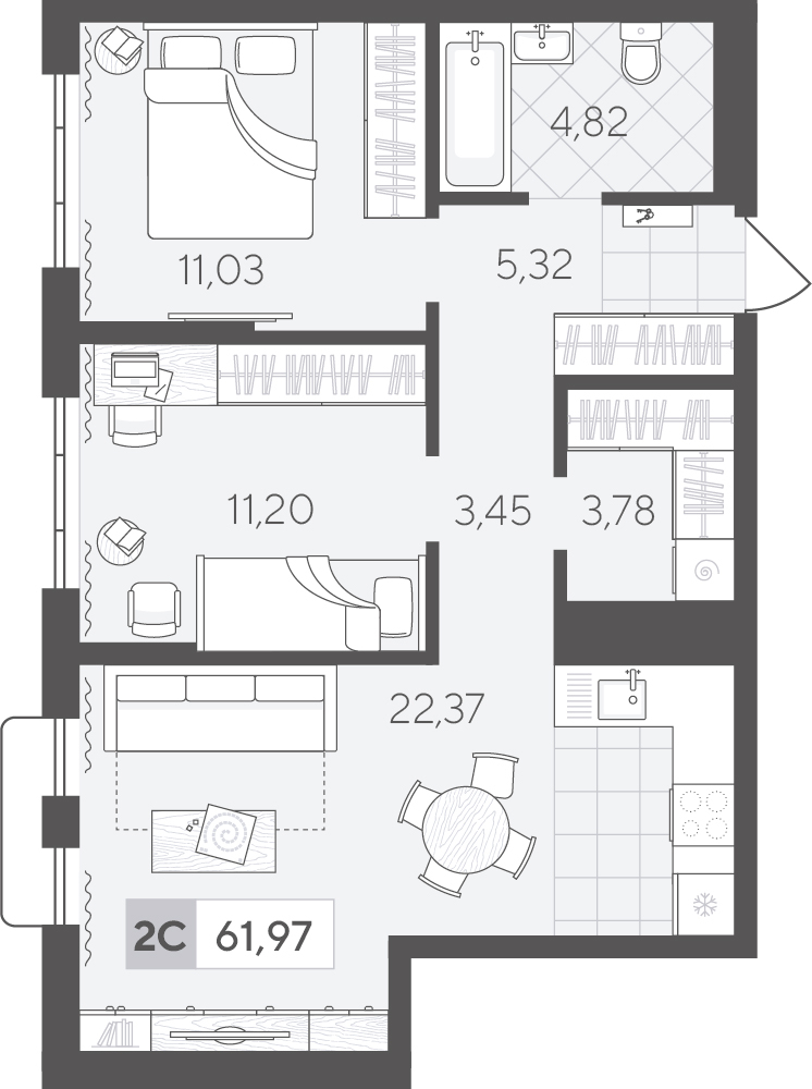 Планировка: Евротрешка 62 м² в ЖК Скандиа. Квартал в Комарово Парк, Комарово Парк