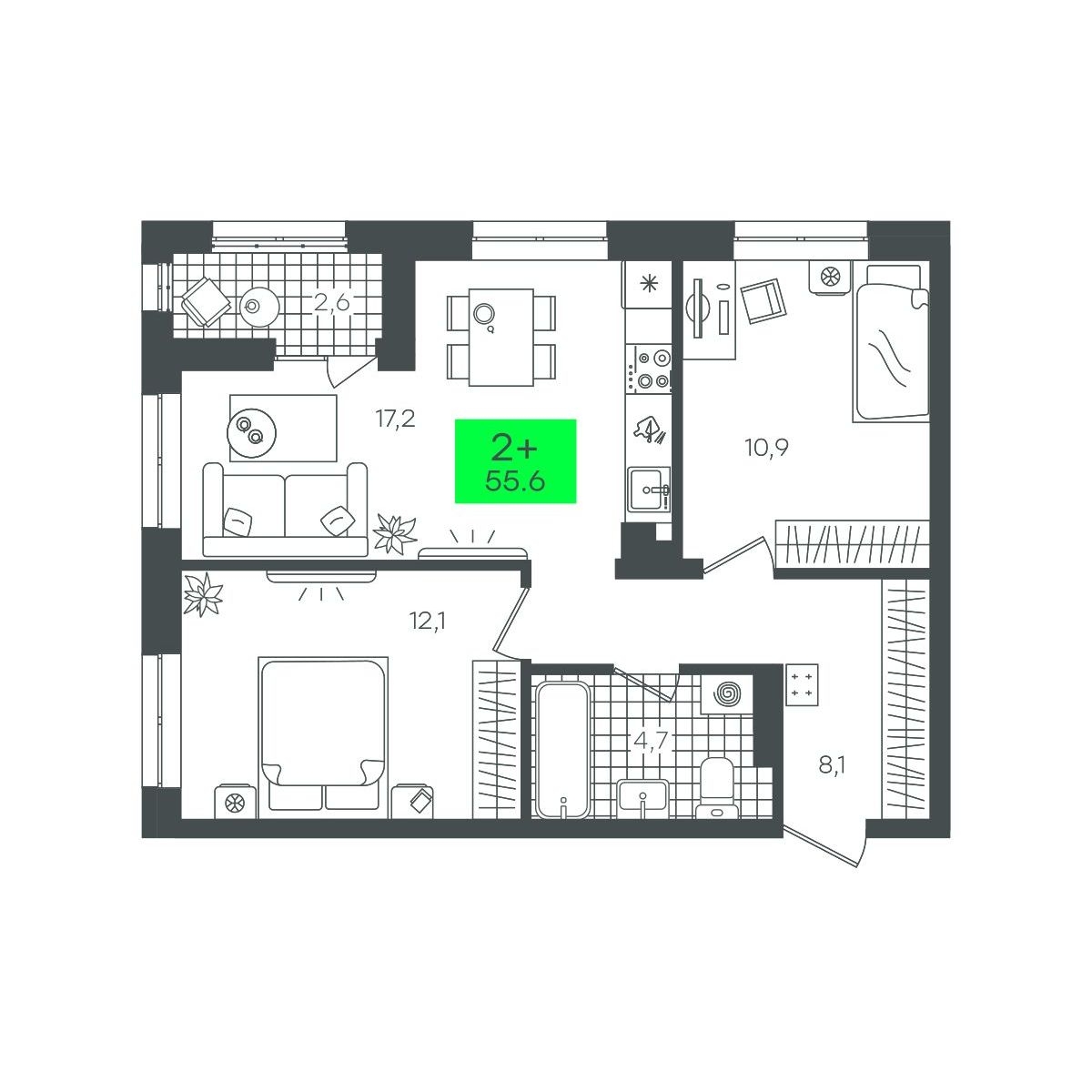 Планировка: Евротрешка 55.6 м² в ЖК Сезоны, От Слободы до Комарово парк