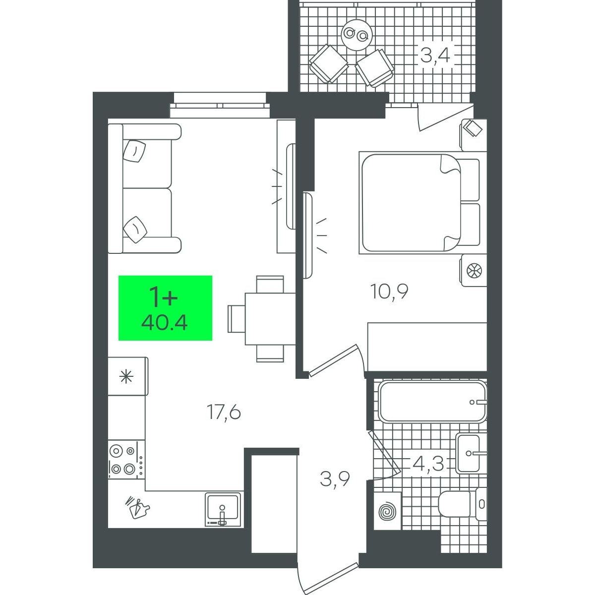 Планировка: Евродвушка 40.4 м² в ЖК Гранд Квартал, Комарово Парк