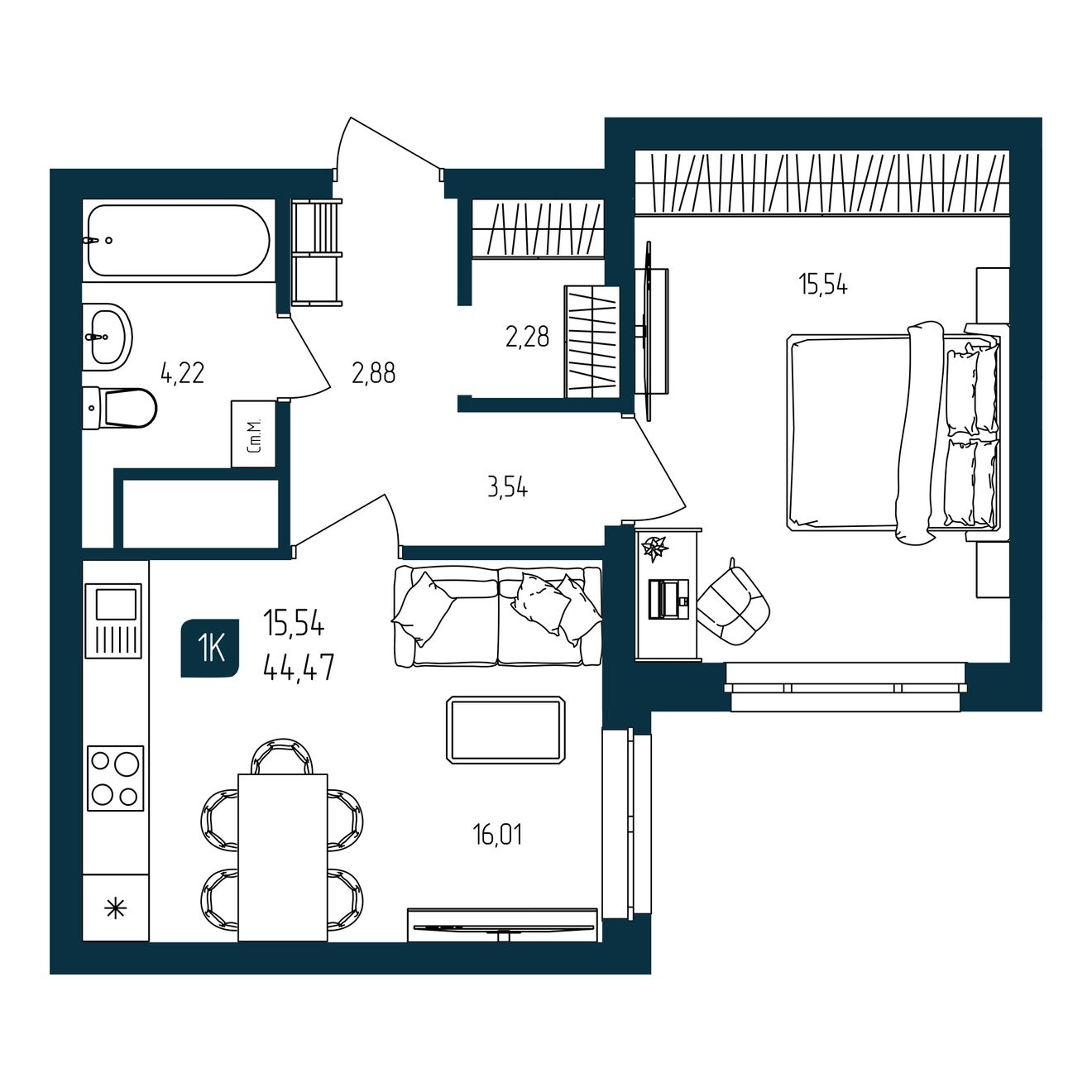 Планировка: Евродвушка 44.5 м² в ЖК Квартал мятный, Мыс