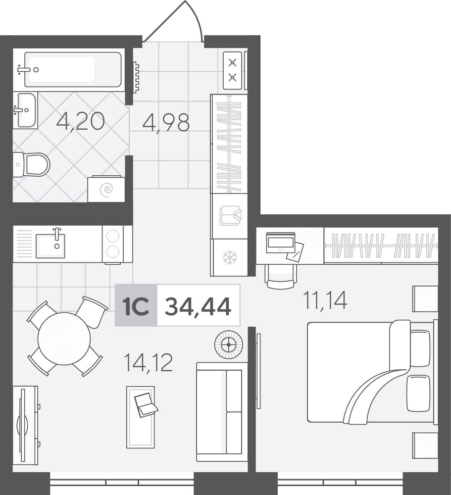 Планировка: Евродвушка 34.4 м² в ЖК Скандиа. Квартал у озера, Лесобаза