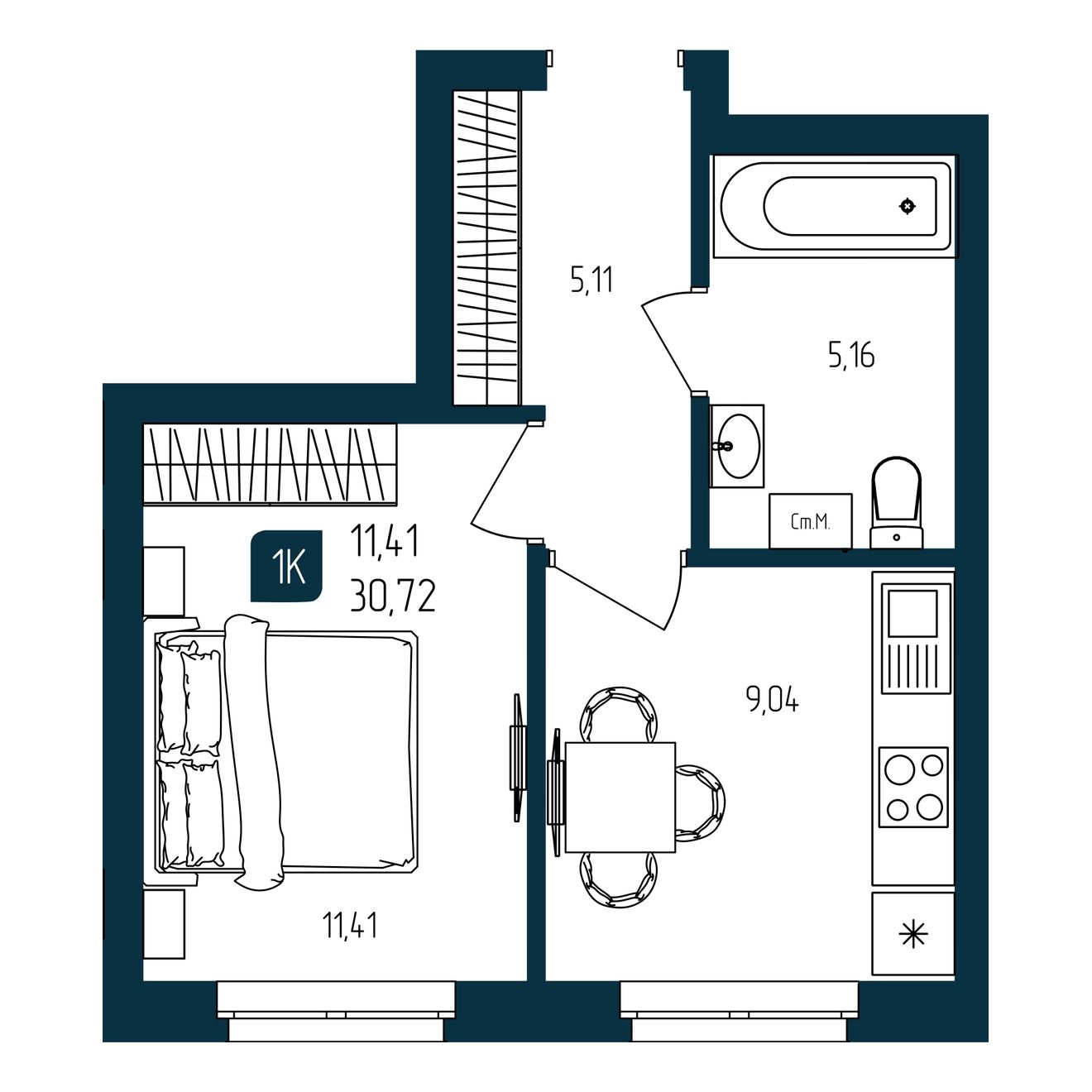 Планировка: 1-комнатная 30.7 м² в ЖК Квартал мятный, Мыс