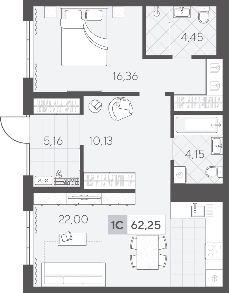 Планировка: Евродвушка 62.2 м² в ЖК Скандиа. Квартал в Комарово Парк, Комарово Парк