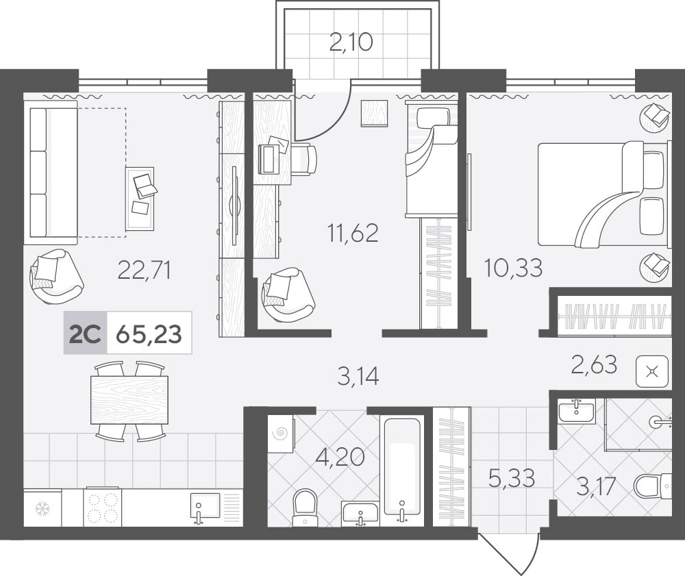 Планировка: Евротрешка 65.2 м² в ЖК Скандиа. Квартал у озера, Лесобаза
