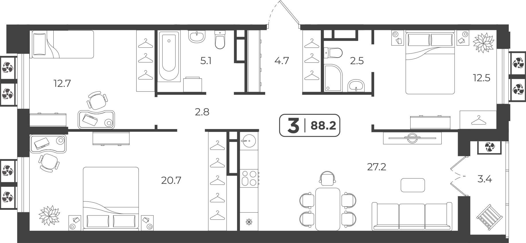 Планировка: 4-комнатная евро 87.9 м² в ЖК Симфония, Центр: Студгородок