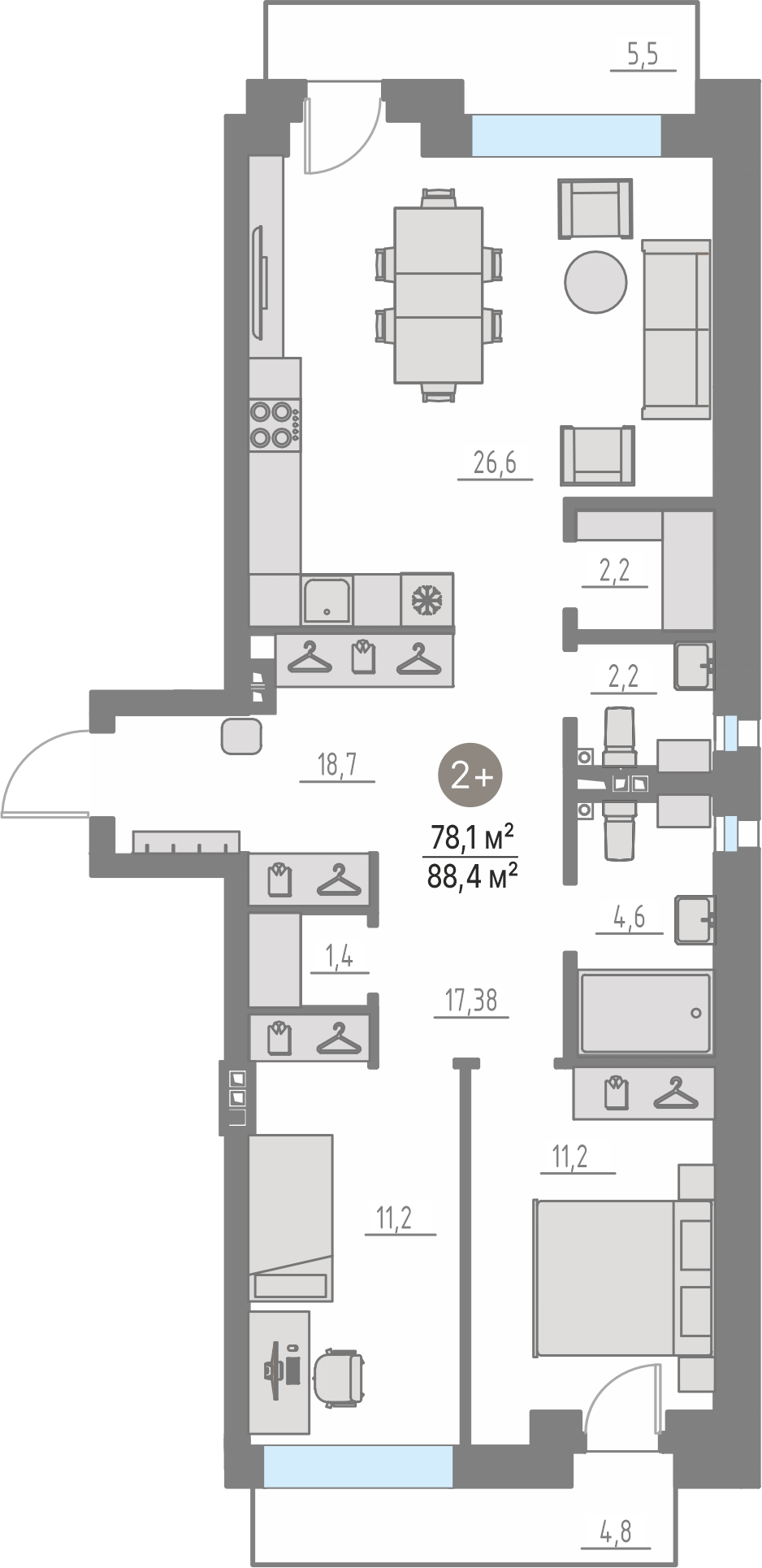Планировка: Евротрешка 78.1 м² в ЖК Кипрея, Область