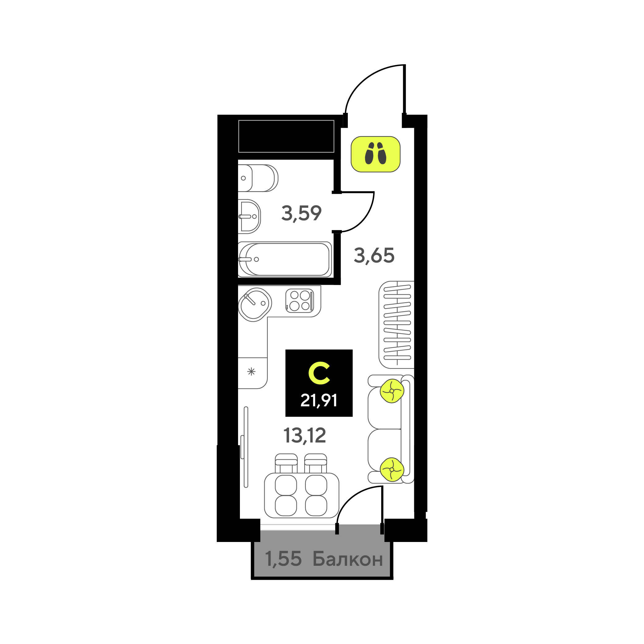 Планировка: Студия 21.9 м² в ЖК Мотивы, От Плеханова до Южного