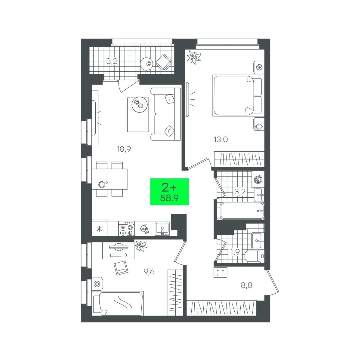 Планировка: Евротрешка 58.9 м² в ЖК Сезоны, От Слободы до Комарово парк