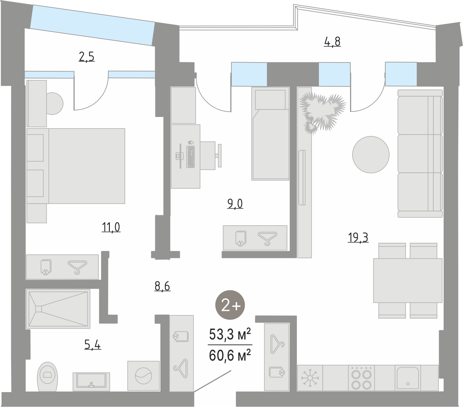 Планировка: Евротрешка 53.3 м² в ЖК Кипрея, Область