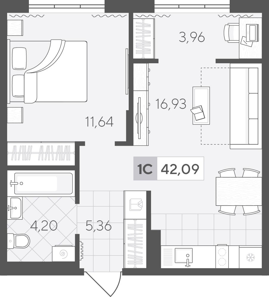 Планировка: Евродвушка 42.1 м² в ЖК Скандиа. Квартал у озера, Лесобаза
