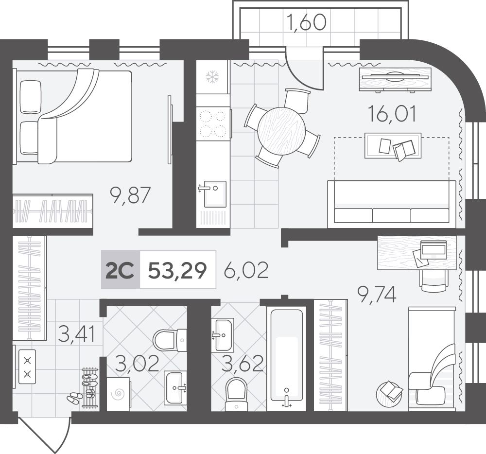 Планировка: Евротрешка 53.3 м² в ЖК Скандиа. Квартал в Комарово Парк, Комарово Парк