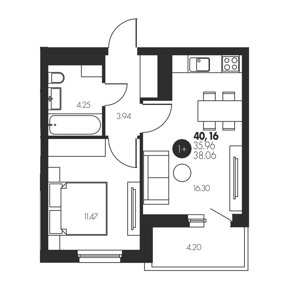 Планировка: Евродвушка 40.2 м² в ЖК Новый, Патрушева