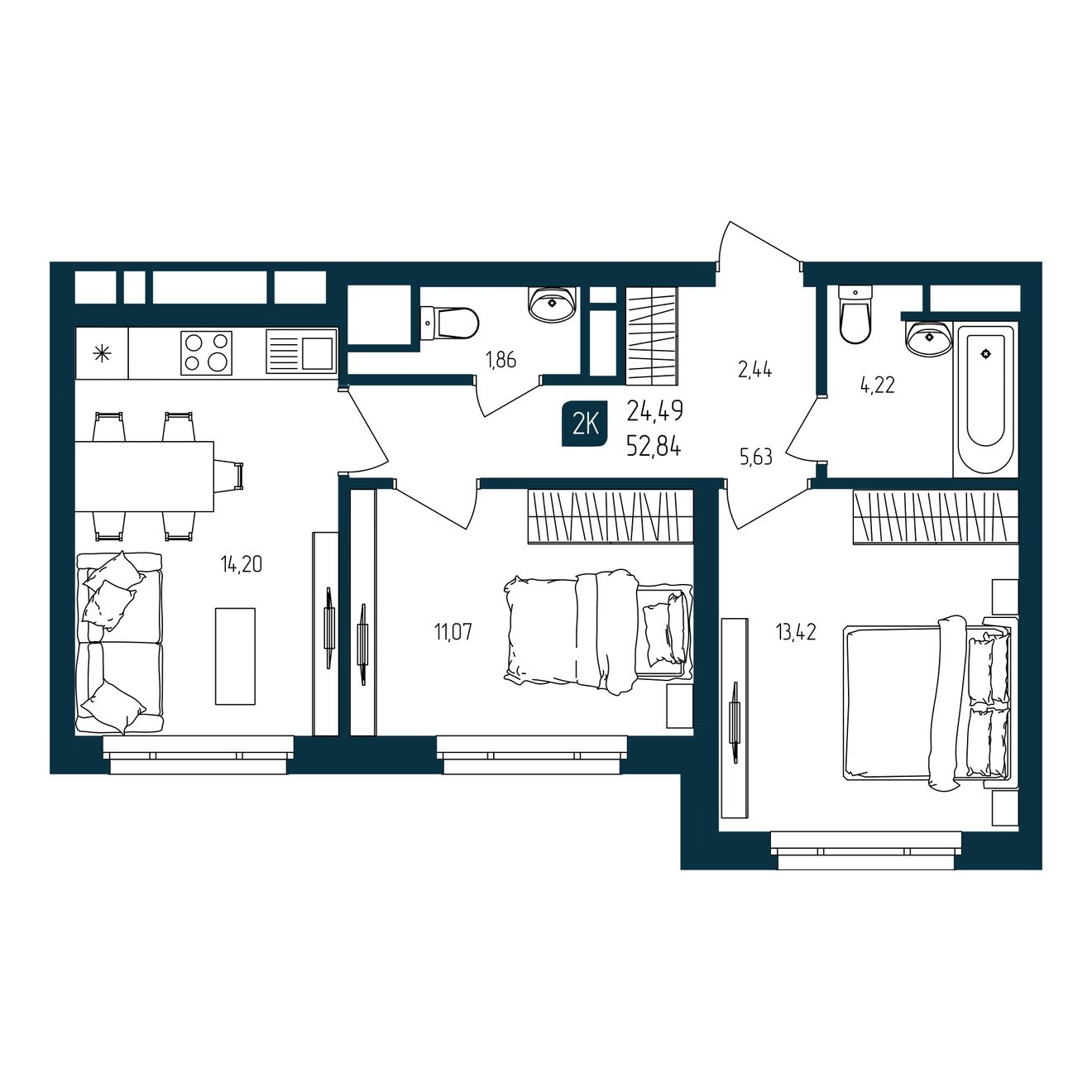Планировка: Евротрешка 52.8 м² в ЖК Квартал мятный, Мыс