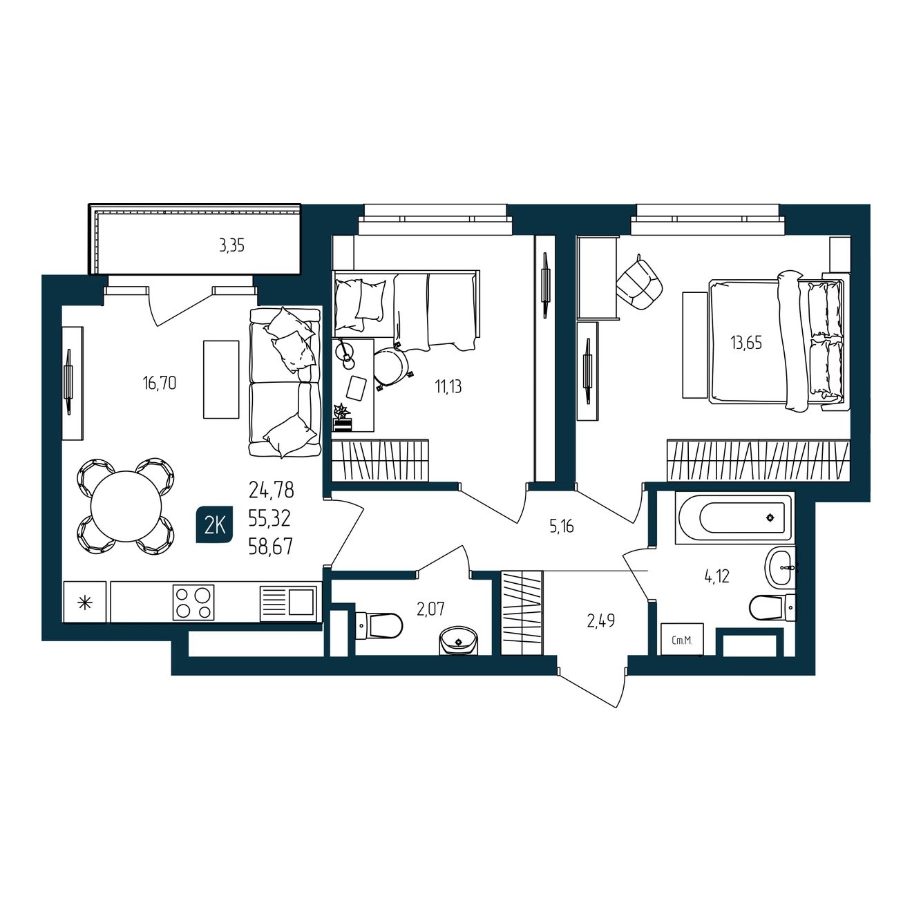 Планировка: Евротрешка 55.3 м² в ЖК Квартал мятный, Мыс