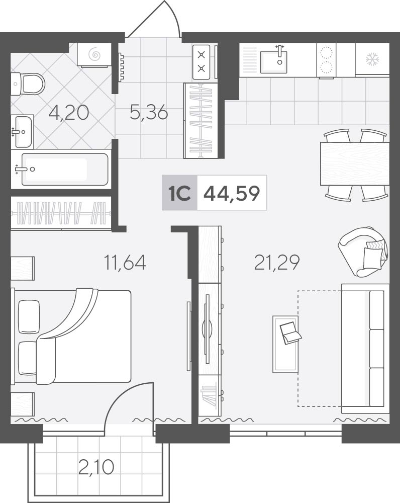 Планировка: Евродвушка 44.6 м² в ЖК Скандиа. Квартал у озера, Лесобаза