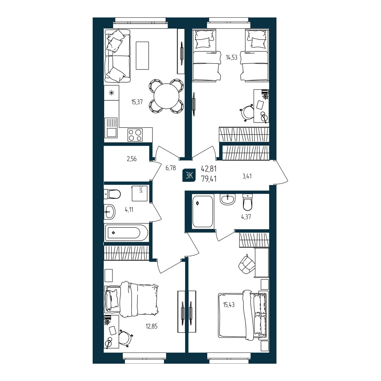 Планировка: 4-комнатная евро 79.4 м² в ЖК Квартал мятный, Мыс