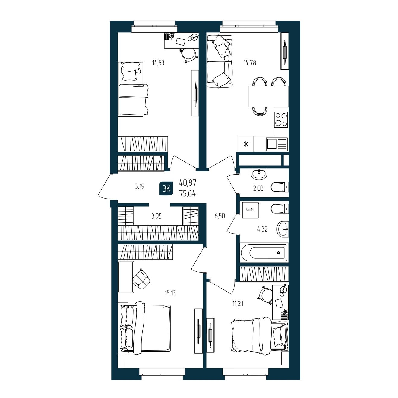 Планировка: 4-комнатная евро 75.6 м² в ЖК Квартал мятный, Мыс