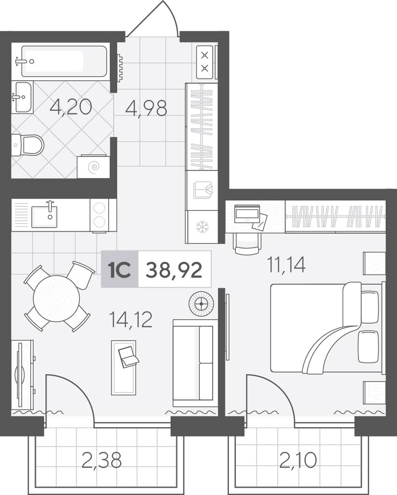 Планировка: Евродвушка 38.9 м² в ЖК Скандиа. Квартал у озера, Лесобаза