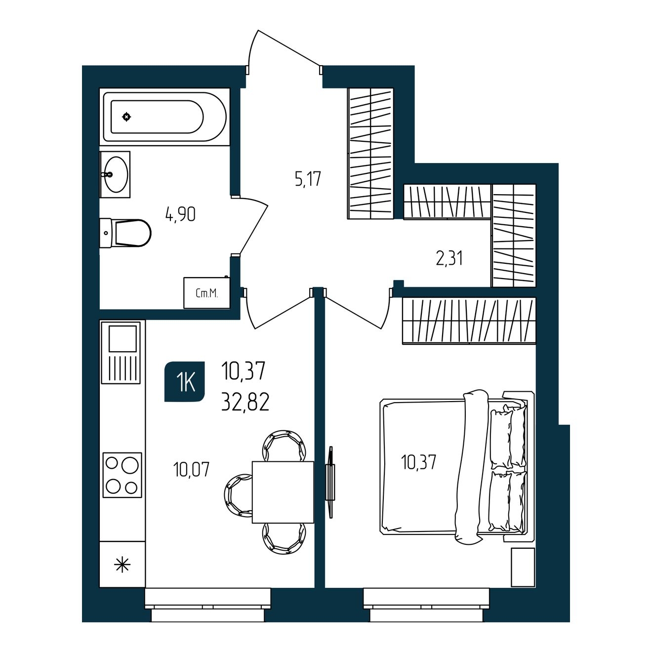 Планировка: 1-комнатная 32.8 м² в ЖК Квартал мятный, Мыс