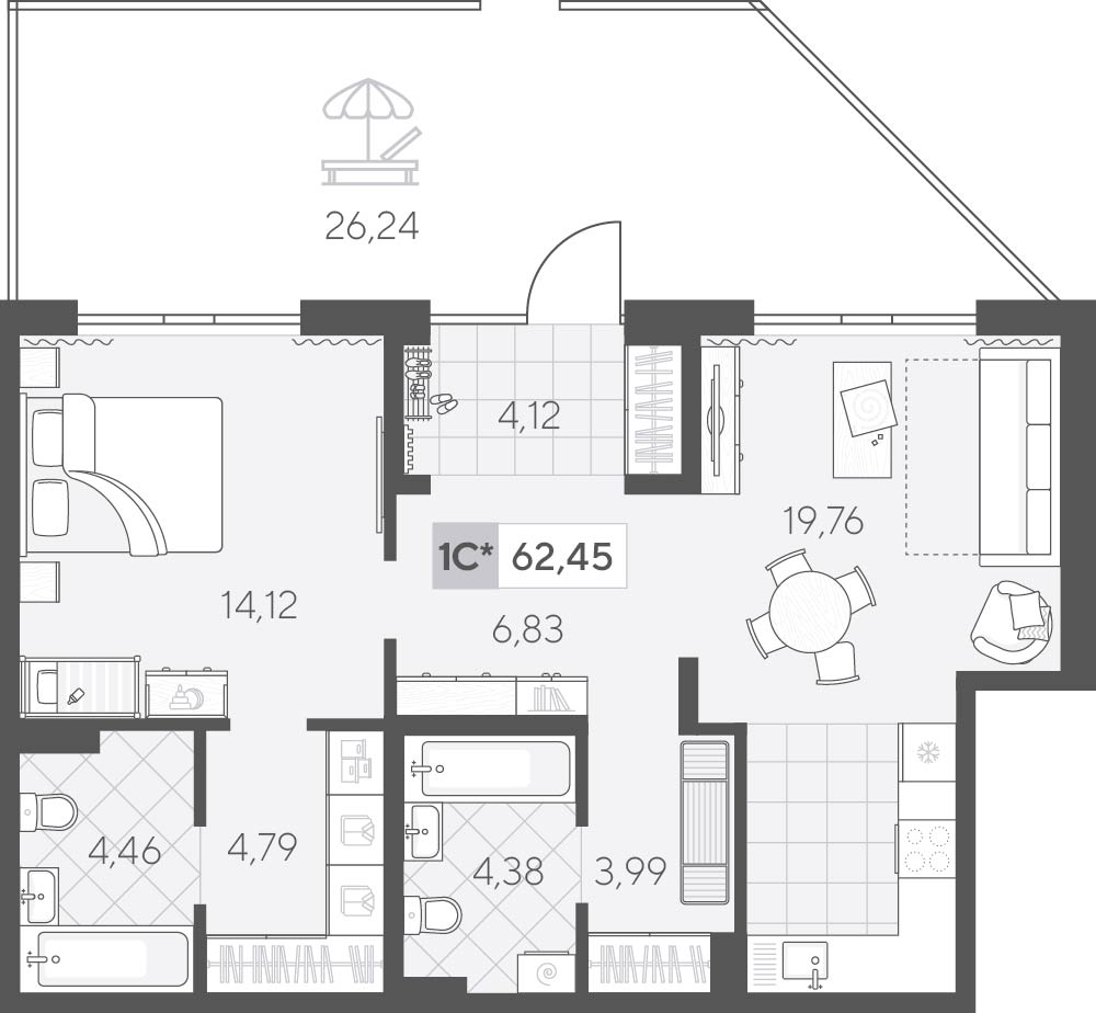 Планировка: Евродвушка 69.5 м² в ЖК Скандиа. Квартал у озера, Лесобаза