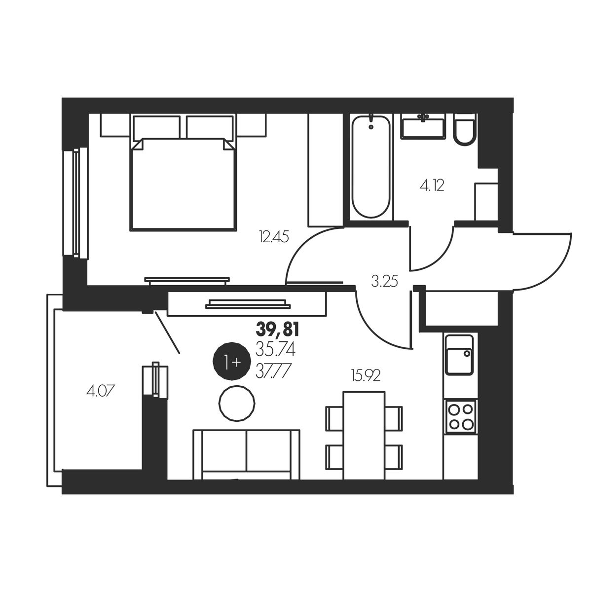 Планировка: Евродвушка 39.8 м² в ЖК Новый, Патрушева