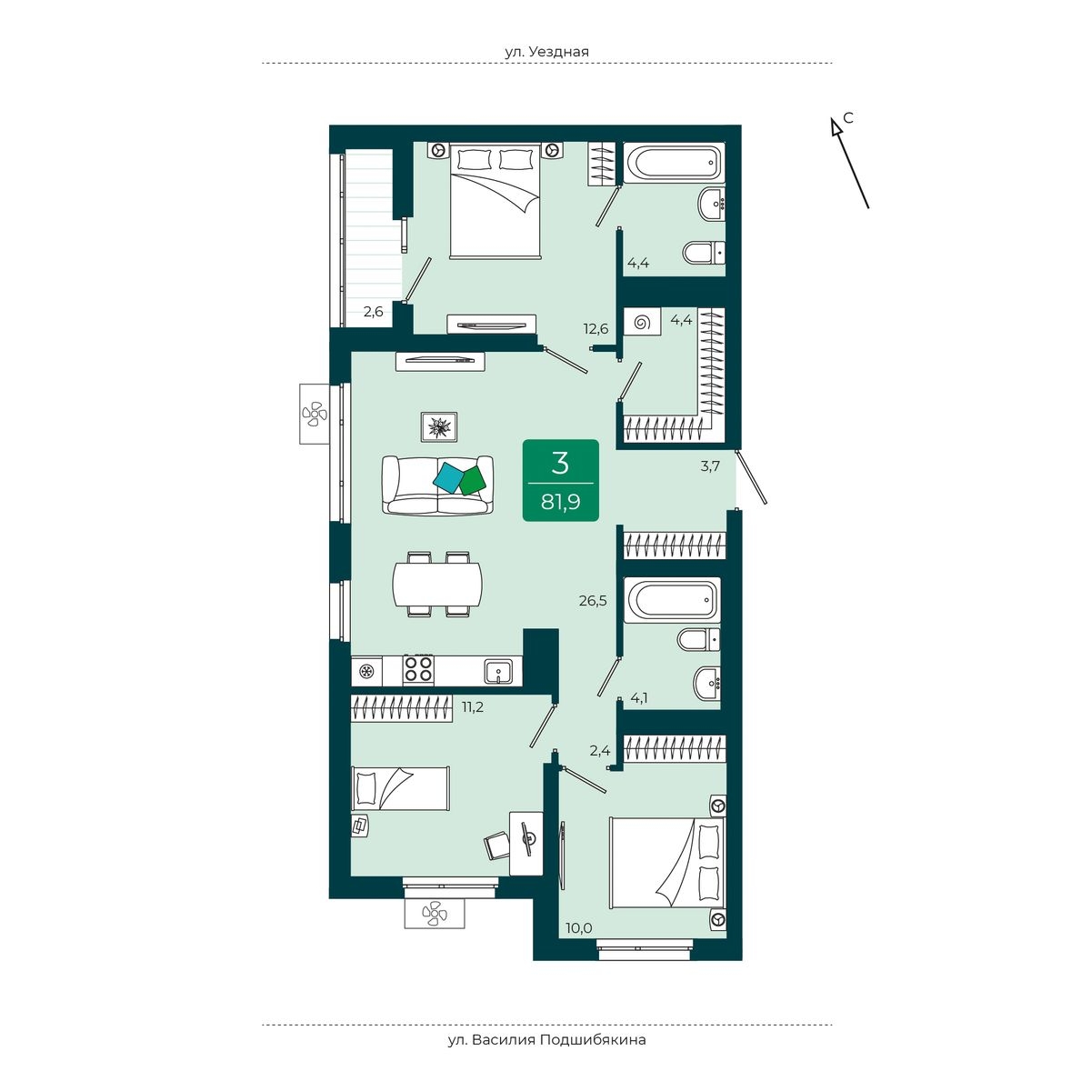 Планировка: 4-комнатная евро 81.9 м² в ЖК Уездные кварталы, Тюменская слобода