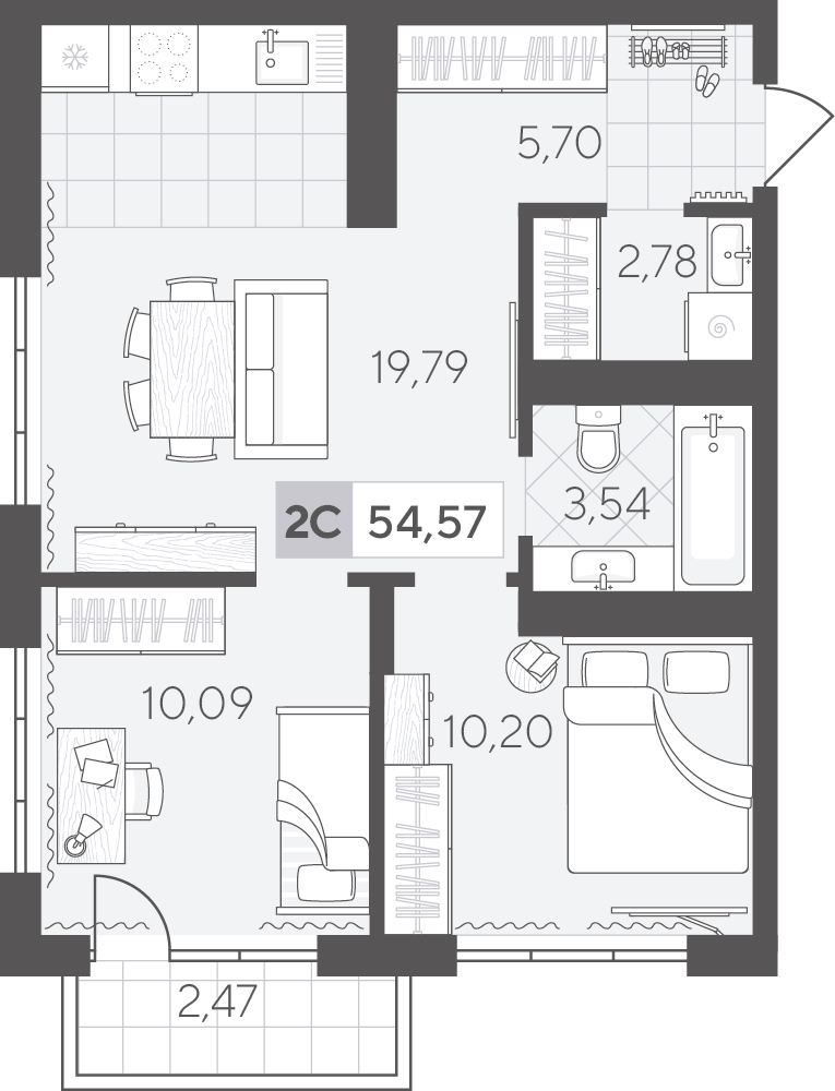 Планировка: Евротрешка 54.6 м² в ЖК Скандиа. Квартал в Комарово Парк, Комарово Парк