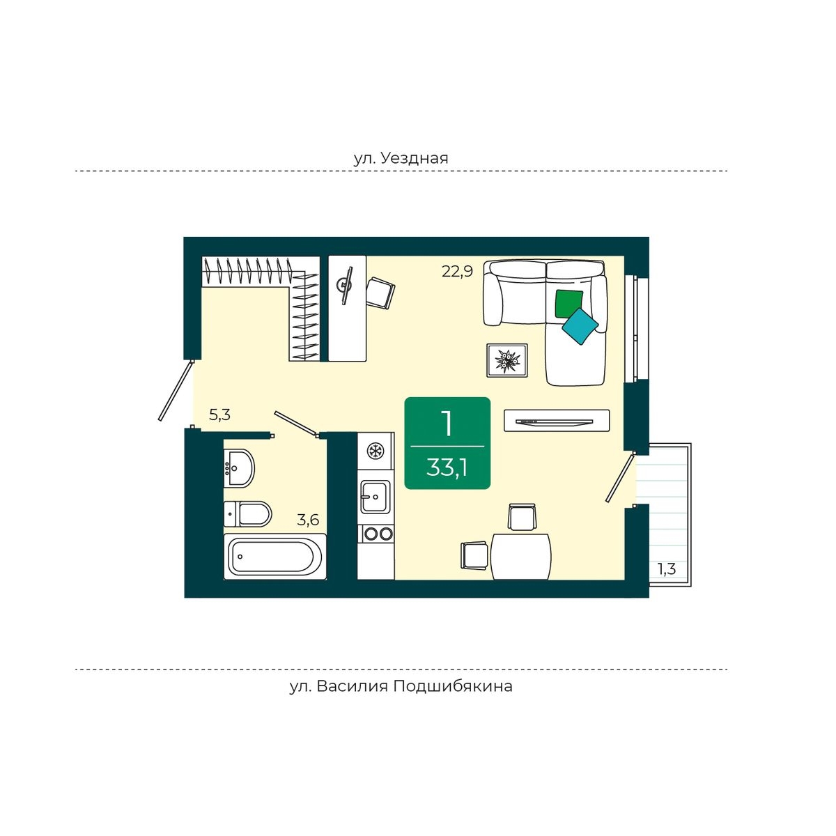 Планировка: Студия 33.1 м² в ЖК Уездные кварталы, Тюменская слобода