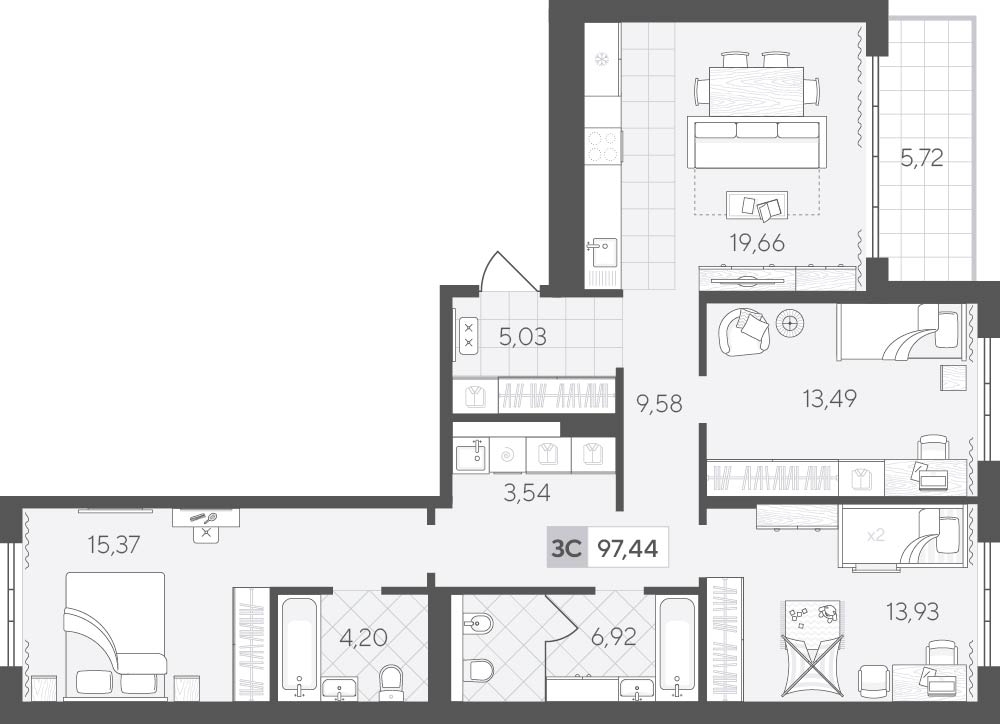Планировка: 4-комнатная евро 97.1 м² в ЖК Скандиа. Квартал у озера, Лесобаза