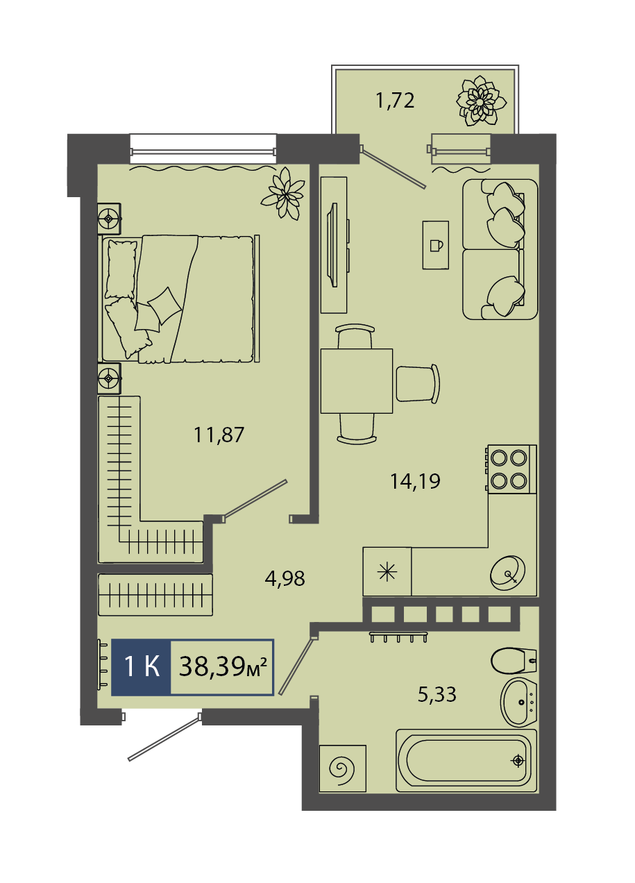 Планировка: Евродвушка 38.1 м² в ЖК Смородина, Мелиораторов