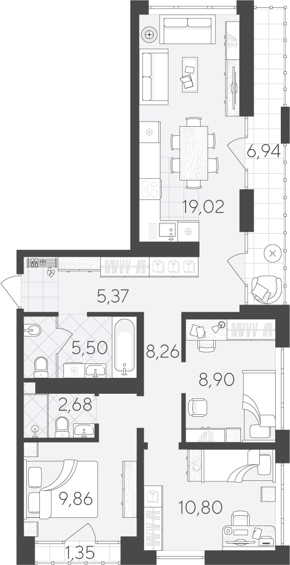 Планировка: 4-комнатная евро 78.6 м² в ЖК Скандиа. Квартал в Комарово Парк, Комарово Парк