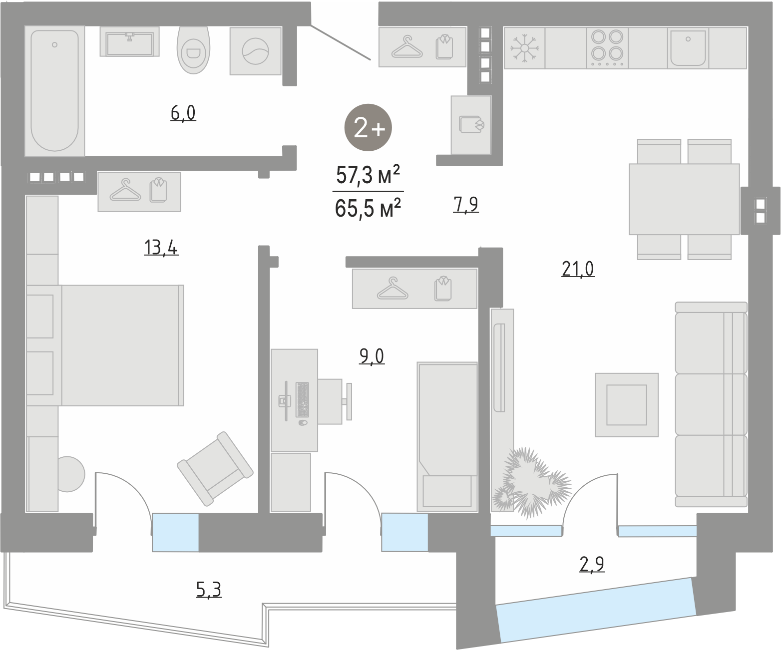 Планировка: Евротрешка 57.3 м² в ЖК Кипрея, Область