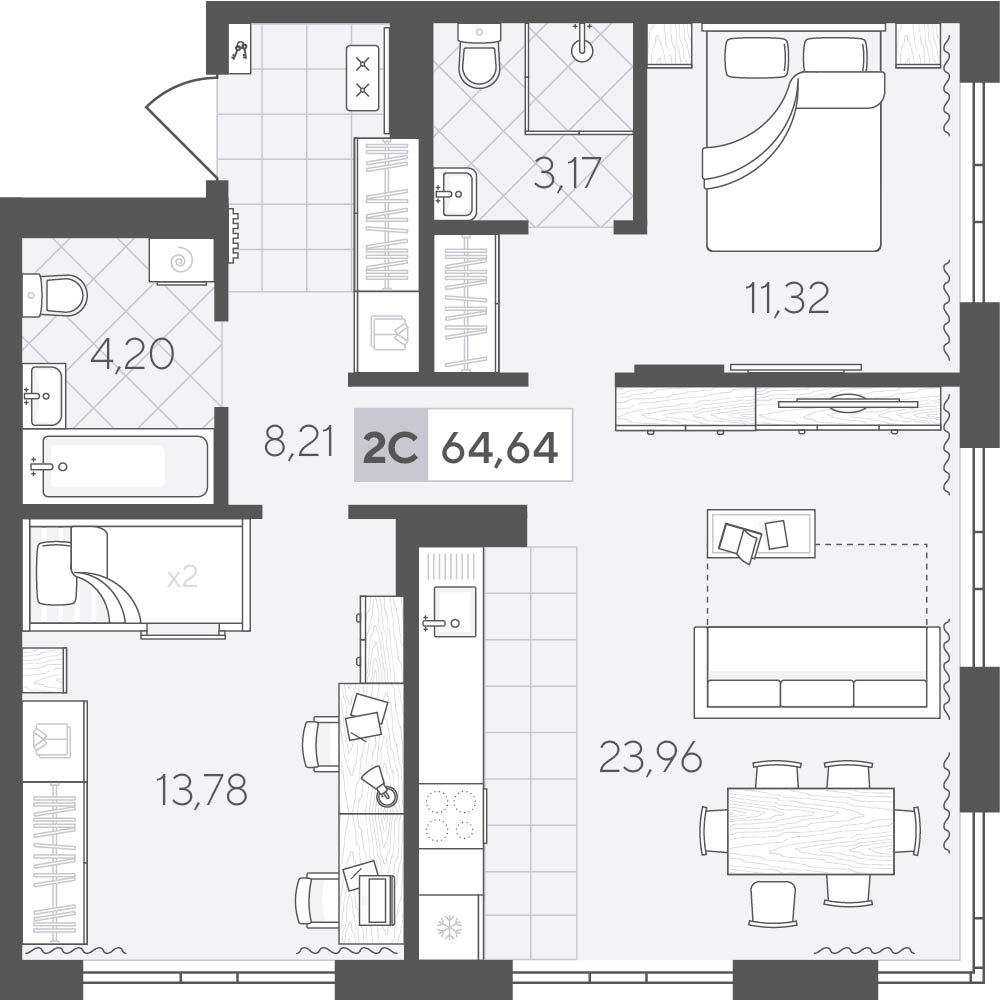 Планировка: Евротрешка 64.6 м² в ЖК Скандиа. Квартал у озера, Лесобаза