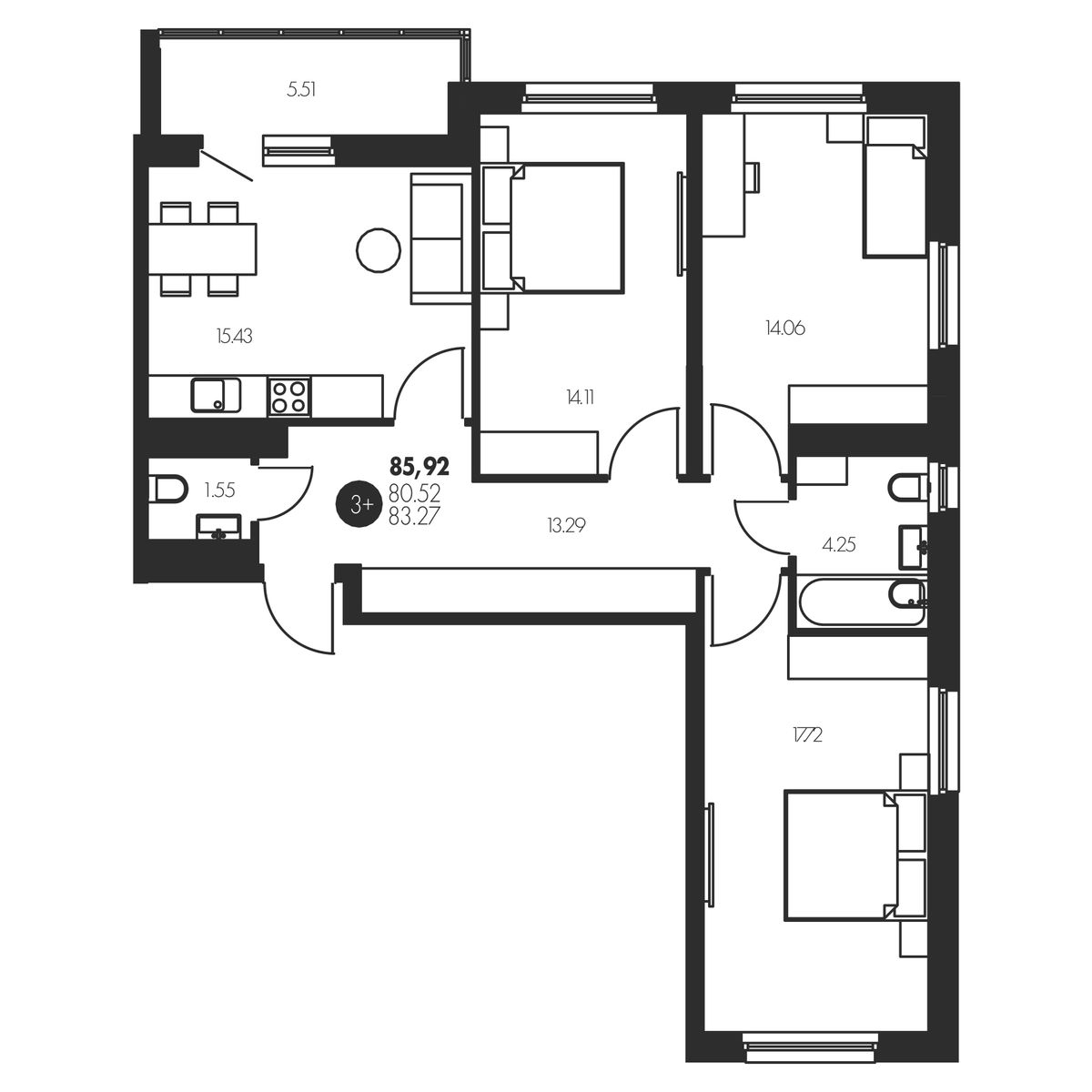 Планировка: 4-комнатная евро 85.9 м² в ЖК Новый, Патрушева