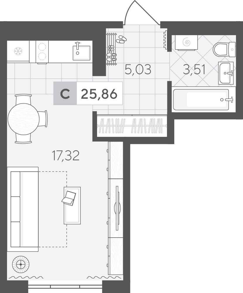 Планировка: Студия 25.9 м² в ЖК Скандиа. Квартал у озера, Лесобаза
